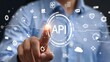 © Dreemscapes - businessman pressing virtual button API, application programming interface. cloud computing concept, cloud technology, Saas, Paas, Iaas. AWS Services