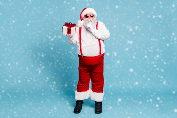Wall Mural - full length photo of funny funky fat modern santa claus with big belly show index finger speechless 