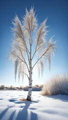 Wall Mural - Snowy birch tree stands against a blue sky