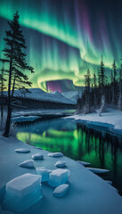 Wall Mural - Green aurora borealis lights up the sky over a frozen lake with snowy trees