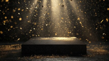 Fototapete - A dark, textured pedestal sits illuminated by rays of light, creating an ethereal atmosphere. Golden particles gracefully float around, enhancing the sense of magic and allure in the setting.