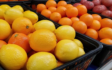 Wall Mural - A vibrant display of fresh citrus fruits, including lemons and oranges, arranged in baskets, showcasing bright colors and seasonal appeal.