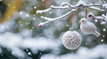 Aufkleber - Christmas ball and white bird hanging on snowy branch during snowfall