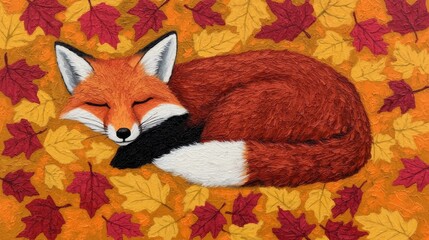 Wall Mural - A red fox curled up and sleeping on a bed of autumn leaves.