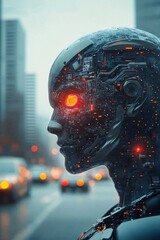 Poster - Futuristic android observing traffic in rainy cityscape