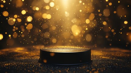 Poster - Golden particles suspended in the air create a magical atmosphere surrounding a dark circular platform. Light beams draw attention to the vibrant, twinkling scene, evoking a sense of wonder.