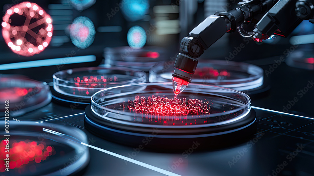 A robotic arm adds red liquid to petri dishes in a high-tech laboratory ...