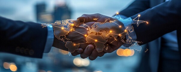 Poster - Businessmen shaking hands with world map and network connection: global business deal