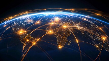 Poster - Planet earth showing internet connections between cities lighting up at night