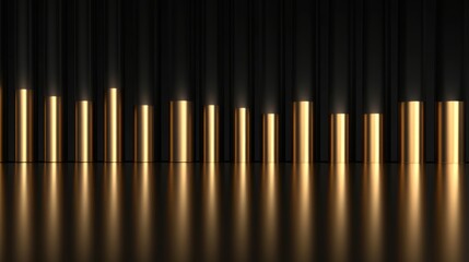 Aufkleber - Golden Cylinders on Black Background with Reflection, Creating an Elegant Visual Display of Light and Shadow in a Contemporary Artistic Setting