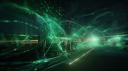 Wall Mural - abstract light streaks in a dynamic digital space with glowing green elements
