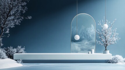 Aufkleber - Empty white podium displaying winter wonderland scene with frosted trees and hanging lamps