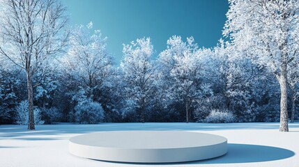 Aufkleber - Round white podium showcasing products in snowy forest during winter