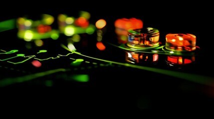 Poster - Abstract Close-up of Colorful Light Effects and Transparent Objects on a Dark Surface, Creating a Vibrant and Dynamic Atmosphere for Artistic Backgrounds