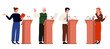 © Flash Vector - Public speech of speakers at podium set. Politicians, lecture presenter and leader talk at tribune with microphones, young and old characters speaking in front of audience cartoon vector illustration