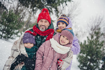 Poster - Photo of full friendly lovely family embrace toothy smile enjoy free time walking woods outside