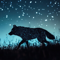 Wall Mural - A wolf silhouetted against a starry night sky.