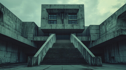 symmetrical brutalist concrete structure with dramatic stairs and overcast sky