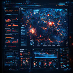 control center monitoring global activities with futuristic interface displaying world map