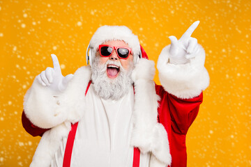 Wall Mural - close up photo of funky funny fat crazy santa claus celebrate x-mas party wear headset sing listen m