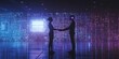 © Nijat - A human and a robot shake hands in front of a digital hologram. This image represents the future of technology, with icons for AI, virtual assistants, and machine learning.