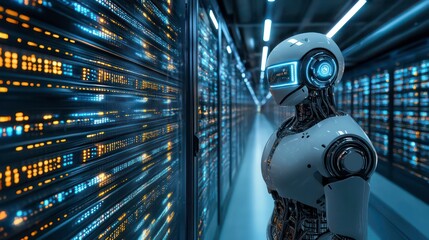 Leinwandbilder - AI Robot Engaging in Version Control and Revision History Tracking in Futuristic Data Center at Night