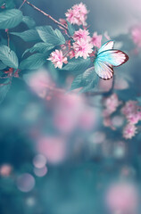 Wall Mural - branch of blossoming sakura cherry on spring background, fluttering blue butterfly in spring on natu