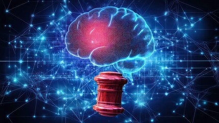 Aufkleber - A digital brain with a red glowing area sits atop a wooden gavel, representing the intersection of technology and the legal system.