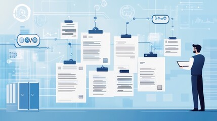 Poster - A businessman stands in front of a digital wall with multiple documents connected by lines. He is holding a tablet and reviewing them.
