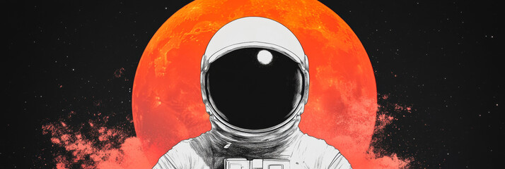 Wall Mural - An astronaut stands against a red moon. Space exploration.