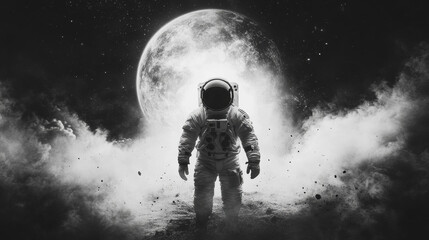 Wall Mural - Astronaut stands on a desolate planet, bathed in the ethereal glow of a massive moon.