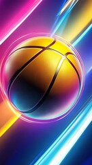 Wall Mural - A basketball is shown in a colorful background. The ball is yellow and orange. The background is a mix of colors, including blue and purple