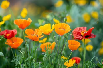 Wall Mural - Various vibrant poppies and marigolds scattered in the green grass field, Vibrant poppies and marigolds