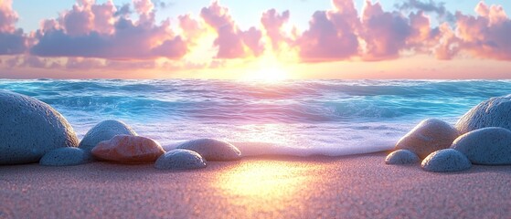 Wall Mural - A serene beach scene at sunset with gentle waves and smooth stones on the shore.