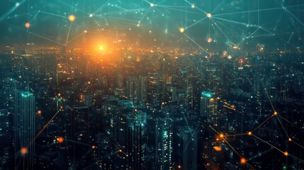 Poster - A glowing cityscape at night with network connections and data flowing.