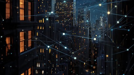 Aufkleber - City skyline with illuminated highways and digital network connections at dusk.