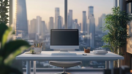 Leinwandbilder - Cityscape view desk with minimal work environment