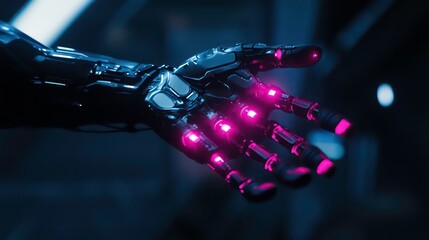 Aufkleber - A robotic hand with glowing pink lights reaches out against a dark background.