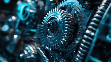 Aufkleber - Closeup of metallic gears interlocked in a complex machine.