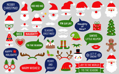 Wall Mural - Christmas vector party props, Santa Claus and elf hats, speech bubbles with holiday greetings, design elements