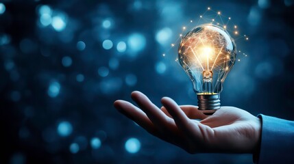 Aufkleber - Creativity, Inspiration and new idea of growth for business with Smart idea, Businessman holding half of abstract light bulb and brain on dark blue background, Innovative and science.