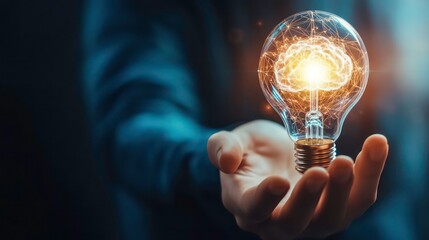 Aufkleber - A hand holding a glowing light bulb with a brain shape inside.