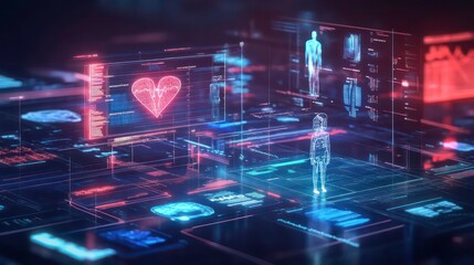Poster - Cutting-Edge Healthcare Technology: Telemedicine, Personalized Medicine, and Advanced Diagnostics in Modern Medical Setting with Digital Interface and Data Visualization at Night