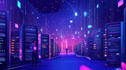 Poster - People stand in a futuristic server room with glowing neon lights and data streams.