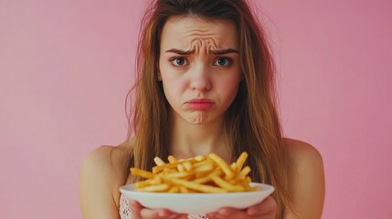 Poster - A woman holds a plate of crispy French fries