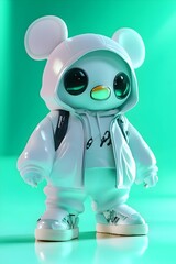 adorable chibi penguin in koala hoodie playful neon holographic collectible figurine