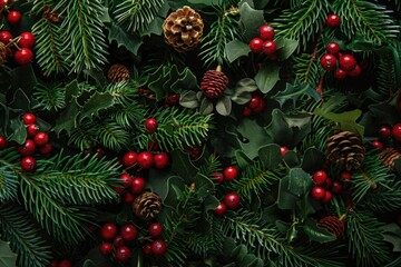 Wall Mural - A close-up view of a Christmas tree decorated with pine cones and berries