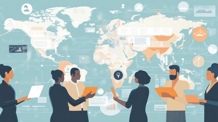 Fototapete - Diverse Colleagues Analyzing Global Business Data, Tech Network & Strategy on Digital Interface - HR Recruitment, Customer Connection & Teamwork Illustration
