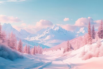 Wall Mural - A snowy mountain landscape with trees and a winding road