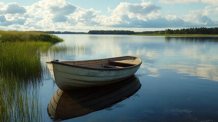 Naklejka na meble Scenic lake sunset with boat reflecting warm evening hues.